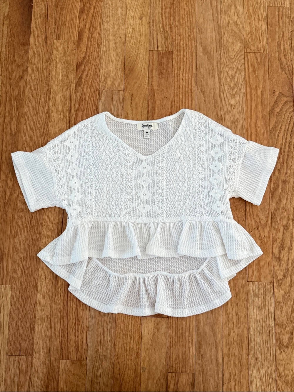 Speechless Lace & Waffle Knit Peplum Top | Size Medium